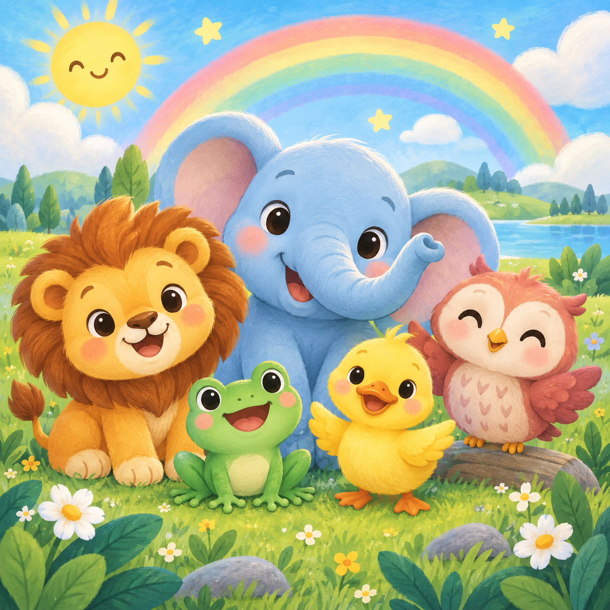 Leão, elefante, sapinho, patinho e coruja sorrindo para a Bela